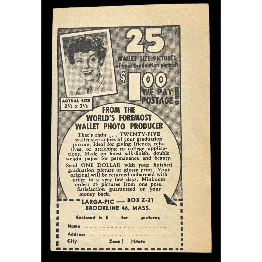 Larga Pic Wallet Photos Mini Print Ad Vintage 1950s Mail Order Brookline MA
